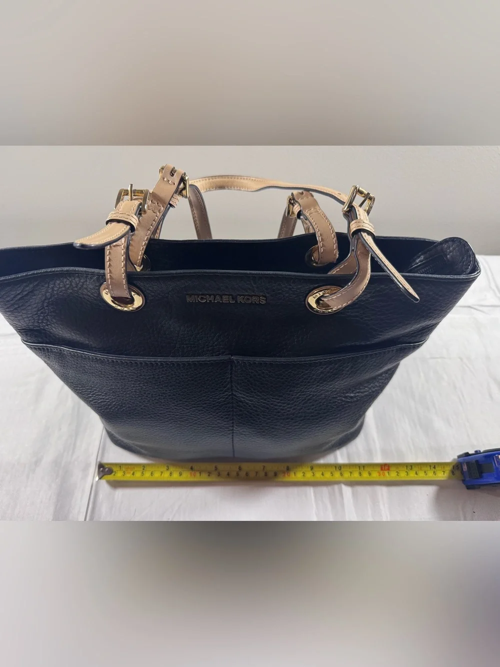 Michael Kors Bedford Black Pebbled Leather Tote with Tan Trim